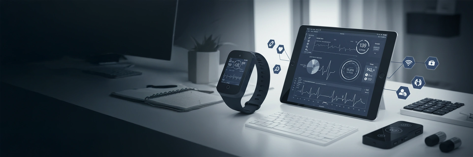 Smartwatch displaying health data next to a tablet and laptop on a desk.