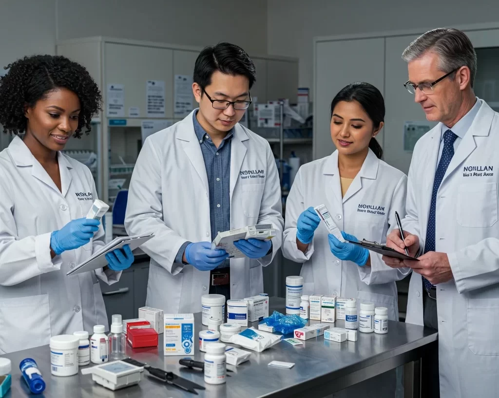 Scientists examining lab samples in a research laboratory.