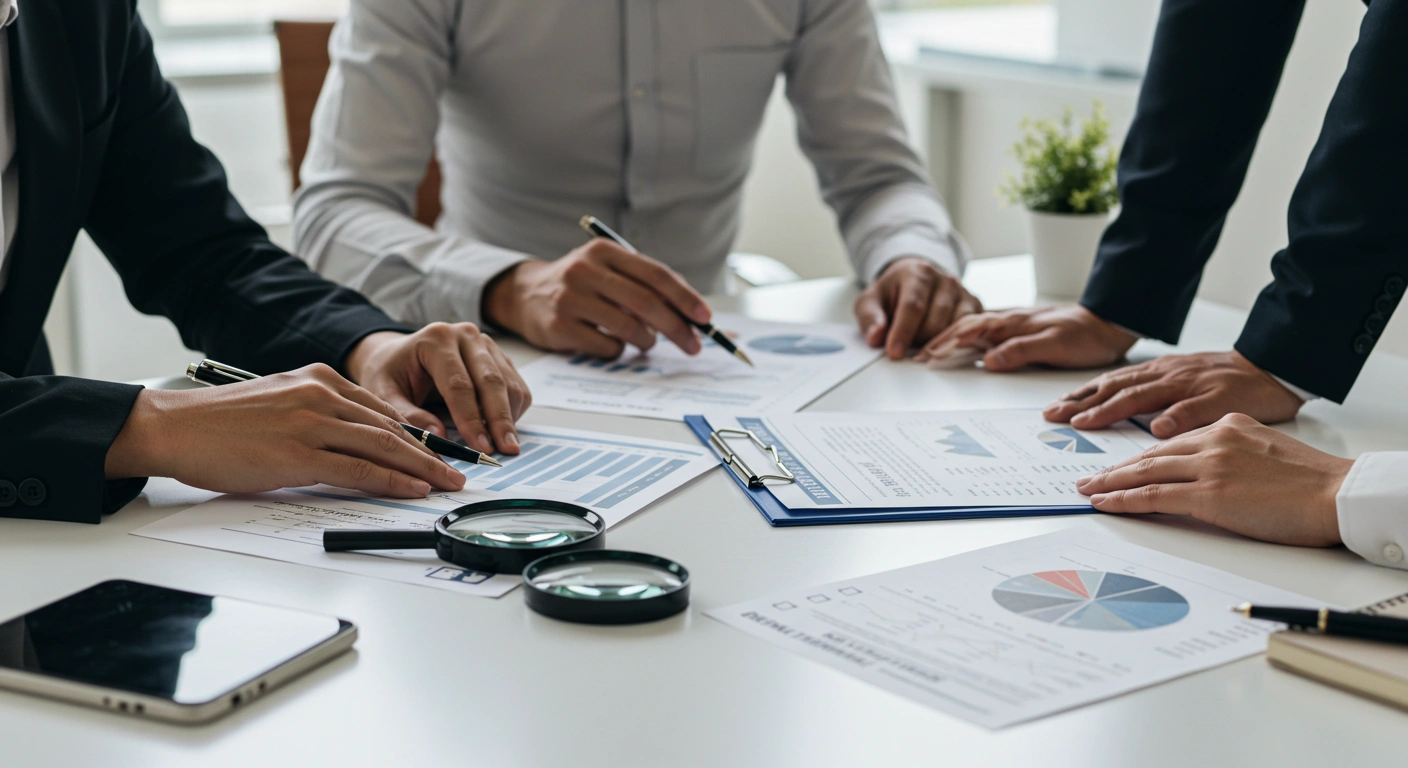 Team analyzing documents with magnifying glass and pen during a meeting.