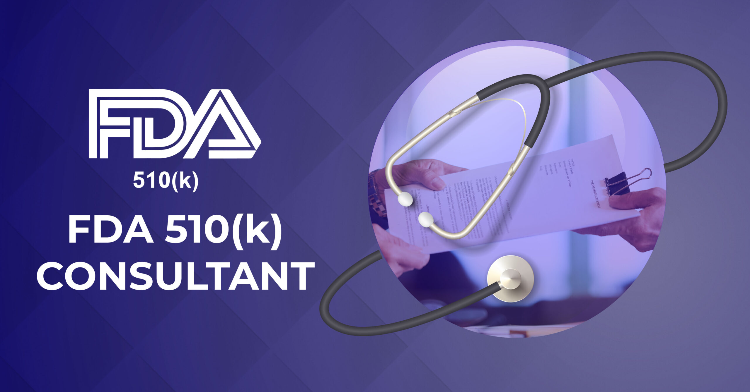 A stethoscope on a globe with text about 401(k) and 510(k) consultant services.
