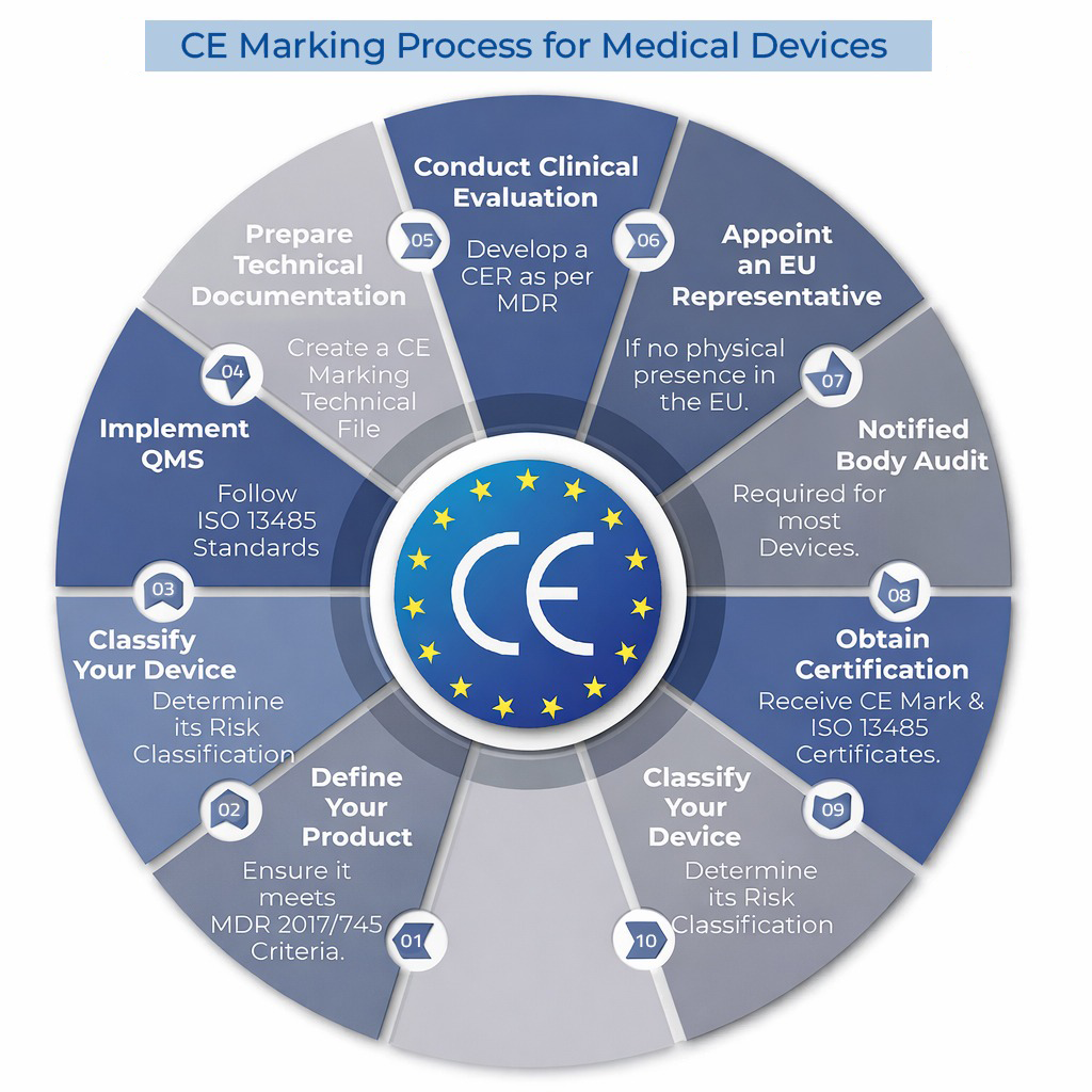 Circular flowchart showing CE marking process for medical devices.
