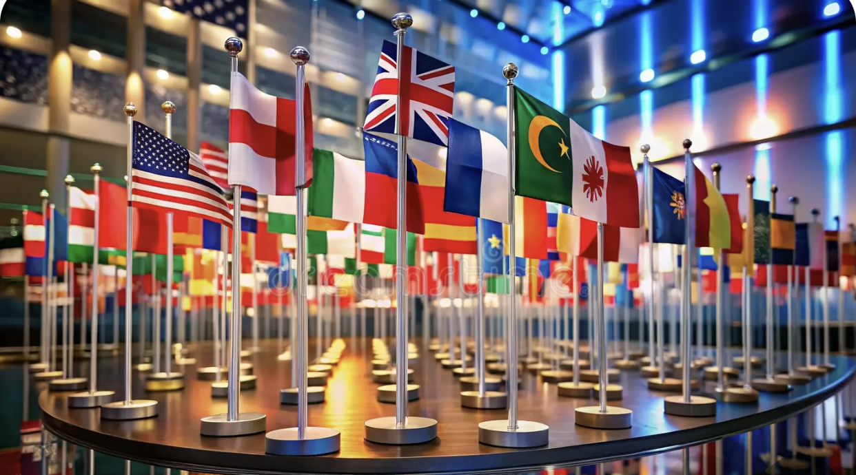 A display of various international flags on small stands.