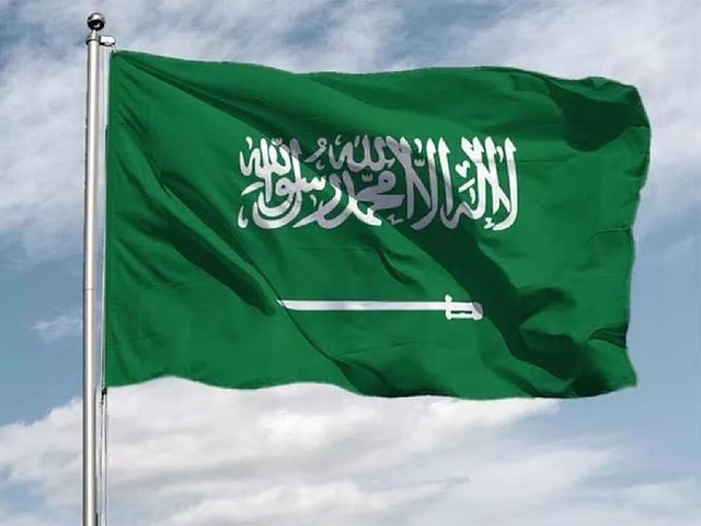 The national flag of Saudi Arabia waving against a clear sky.