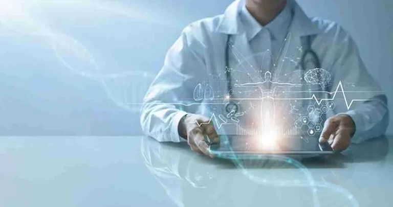 Doctor using digital tablet with futuristic medical data visualization.