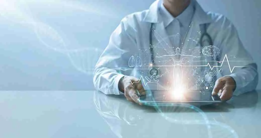 Doctor using digital tablet with futuristic medical data visualization.